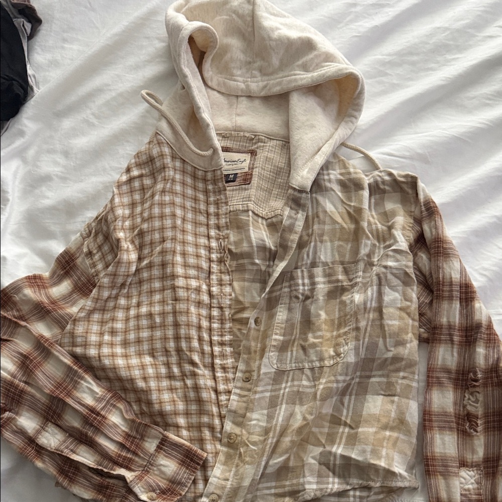 Patchwork Plaid Hooded Button-Up Shirt